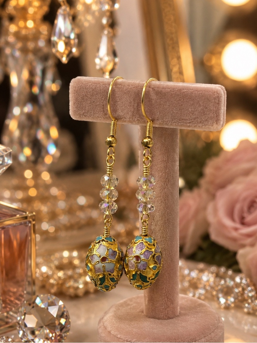 Gold Egg Shaped Cloisonné Earrings